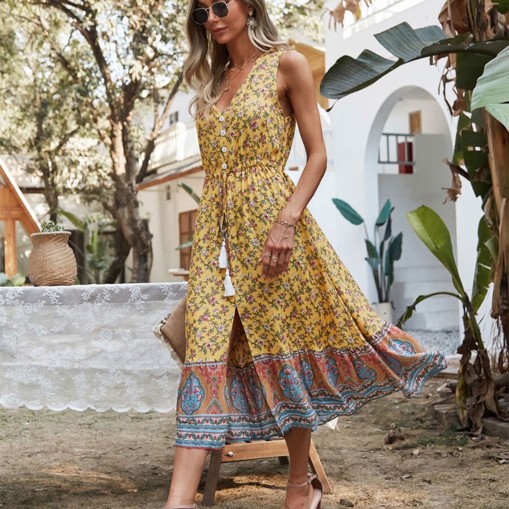 boho v neck tassel floral A line yellow dress - Picture 5 of 9